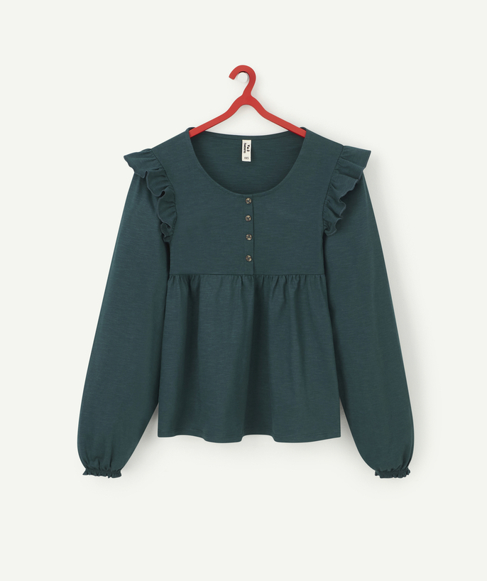 Teen girls' clothing Tao Categories - GIRLS' DARK GREEN BLOUSE-STYLE T-SHIRT IN ORGANIC COTTON WITH FRILLS