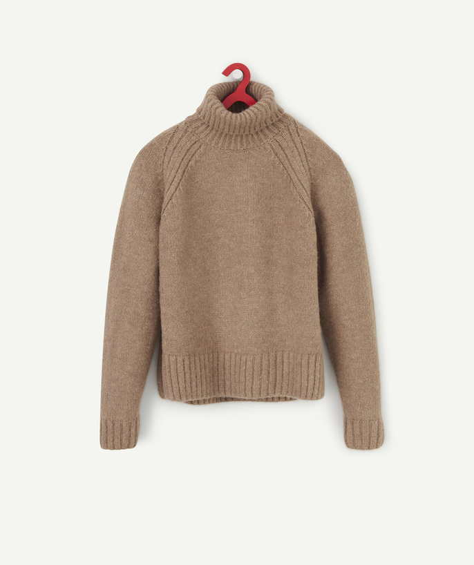 Nice and warm Tao Categories - GIRLS' LIGHT BROWN TURTLENECK JUMPER IN RECYCLED FIBRES
