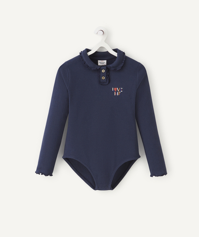 Private sales radius - GIRLS' NAVY BLUE ORGANIC COTTON BODYSUIT WITH A MESSAGE AND COLLAR