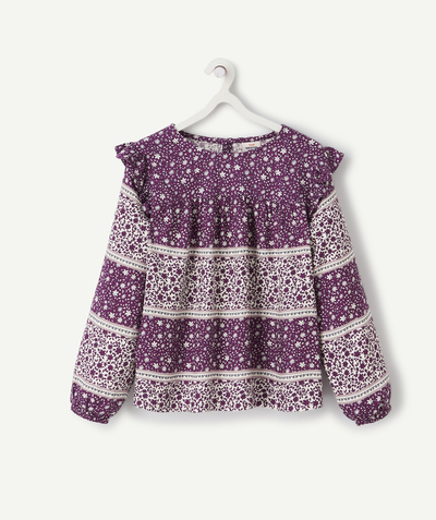 Private sales radius - GIRLS' BLOUSE IN ECO-FRIENDLY VISCOSE WITH A PURPLE AND WHITE FLORAL PRINT