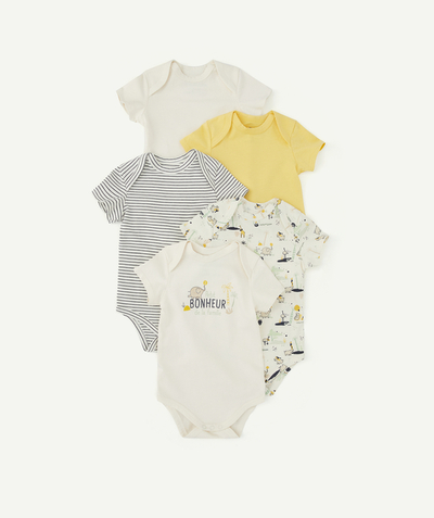 All collection radius - PACK OF FIVE BABIES' SHORT-SLEEVED ORGANIC COTTON BODYSUITS, PLAIN AND PRINTED