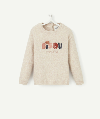 Pullover - Sweatshirt Tao Categories - BABY GIRLS' BEIGE KNITTED JUMPER WITH AN EMBROIDERED KISS MESSAGE