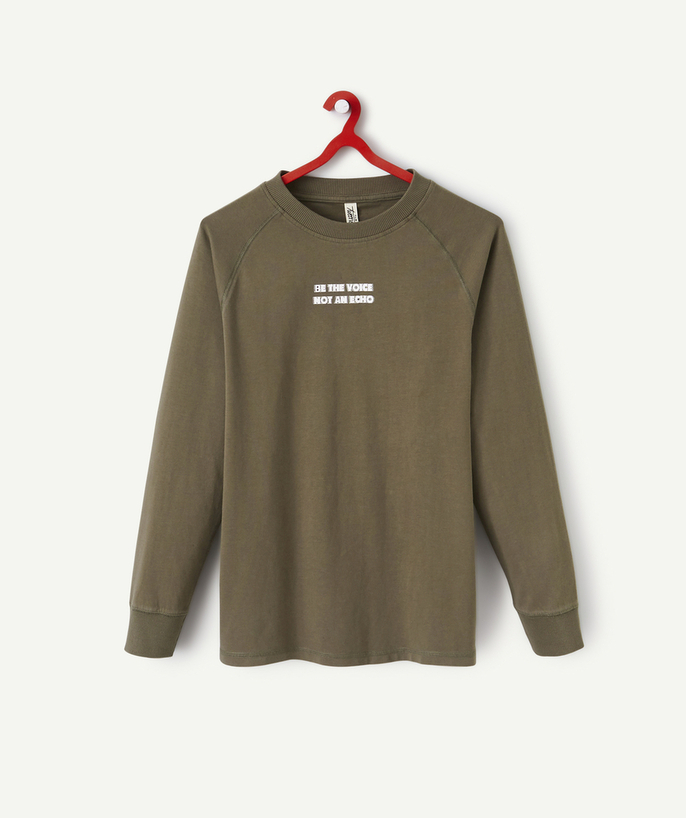 Original days Sub radius in - BOYS' KHAKI COTTON LONG-SLEEVED T-SHIRT WITH A MESSAGE