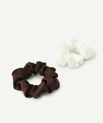 Accessories Tao Categories - GIRLS' BROWN AND WHITE SATIN HAIR SCRUNCHIE