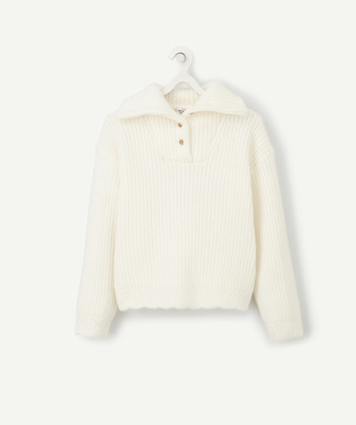 Swetry - Swetry rozpinane Rayon - BIAŁY DZIANINOWY SWETER Z WYKŁADANYM KOŁNIERZEM DLA DZIEWCZYNKI