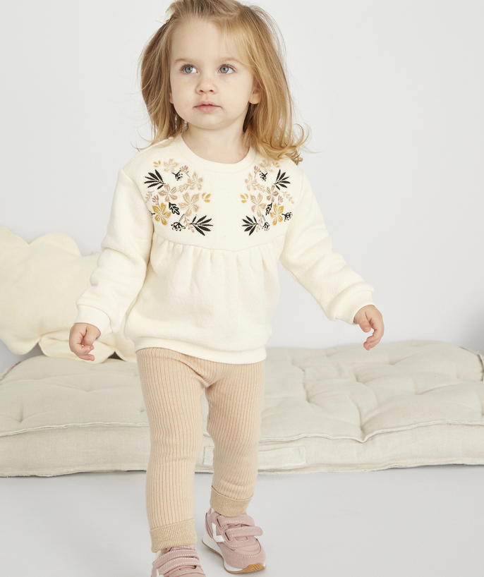 Cardigan - Pullover  radius - BABY GIRLS' CREAM COTTON SWEATSHIRT WITH EMBROIDERED FLOWERS AND GATHERING