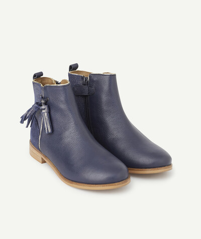 ECODESIGN radius - VEGETABLE TANNED BLUE LEATHER ANKLE BOOTS WITH TASSELS