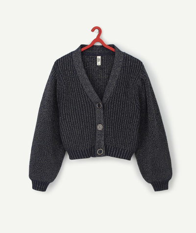 Swetry - Bluzy rozpinane Sous Rayon - GRANATOWY DZIANINOWY KARDIGAN ZE ZŁOTĄ NITKĄ DLA DZIEWCZYNKI