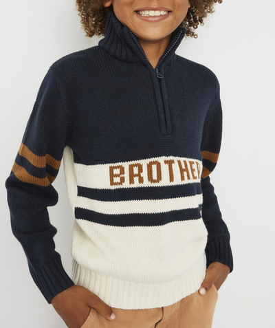 Boy radius - BLUE WHITE AND CAMEL KNITTED JUMPER WITH A ZIP AND A FUN DESIGN