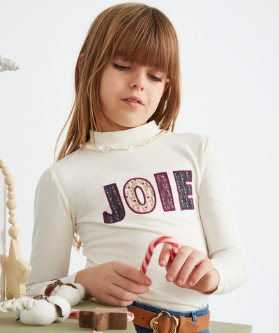 Roll-Neck-Jumper family - GIRLS' WHITE COTTON UNDERSHIRT WITH A PURPLE AND FLORAL JOY MESSAGE