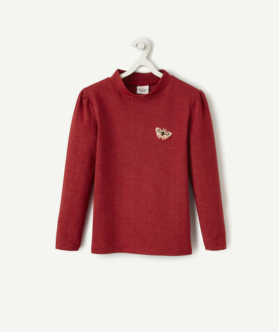 Roll-Neck-Jumper family - RED TURTLENECK TOP WITH SEQUINNED STRIPES AND AN EMBROIDERED BUTTERFLY