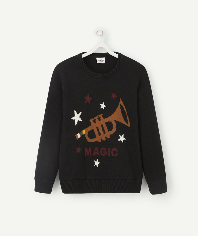 Party outfits Tao Categories - BOYS' BLACK KNITTED JUMPER WITH A TRUMPET PATTERN