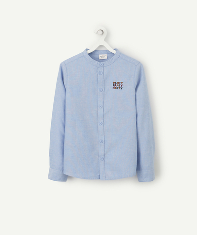 Private sales radius - BOYS' GRANDAD COLLAR SHIRT IN BLUE COTTON WITH A MESSAGE