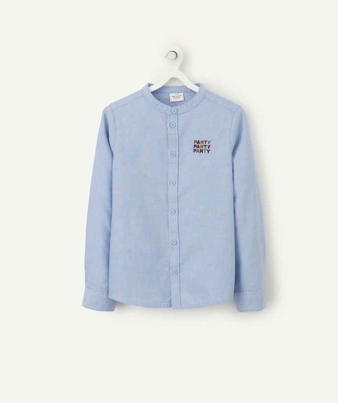 Party outfits Tao Categories - BOYS' GRANDAD COLLAR SHIRT IN BLUE COTTON WITH A MESSAGE