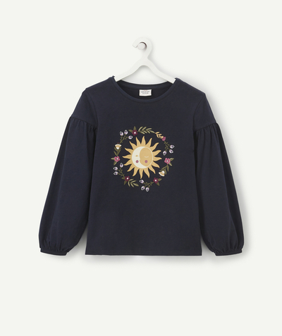 T-shirt Rayon - T-SHIRT FILLE MARINE EN COTON BIO AVEC SOLEIL ET FLEURS BRODÉES