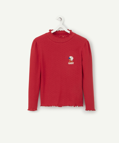 Roll-Neck-Jumper family - GIRLS' RED RUFFLED HIGH NECK JUMPER IN ORGANIC COTTON