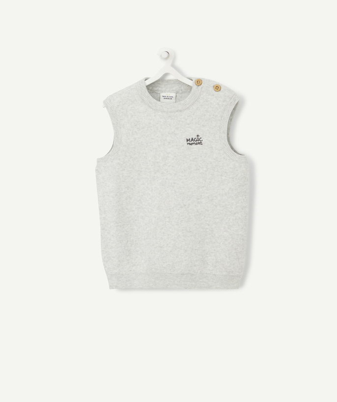 Party outfits Tao Categories - BABY BOYS' SLEEVELESS GREY COTTON JUMPER WITH A MESSAGE