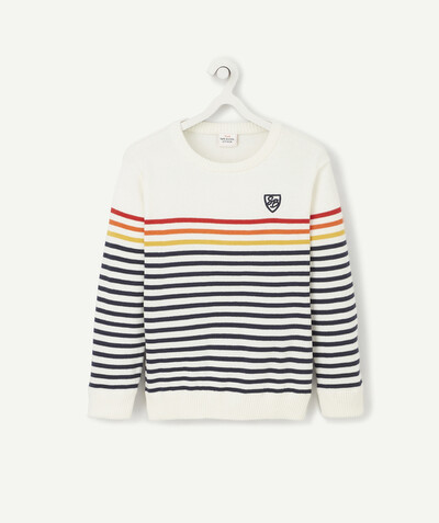 Pullover - Cardigan radius - WHITE KNITTED JUMPER WITH COLOURED STRIPES AND EMBROIDERED CREST