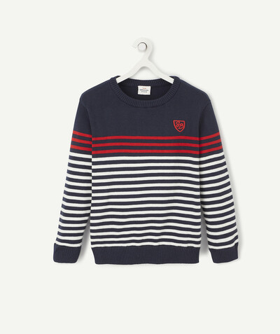 Pullover - Cardigan radius - BLUE AND WHITE STRIPED KNITTED JUMPER WITH AN EMBROIDERED CREST