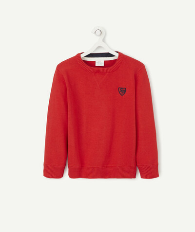 Low prices radius - RED KNITTED JUMPER WITH AN EMBROIDERED CREST