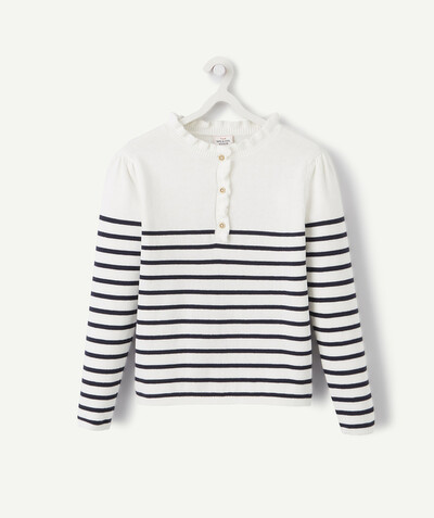 Pullover - Cardigan radius - WHITE AND BLUE STRIPED JUMPER WITH A FRILL AT THE NECK
