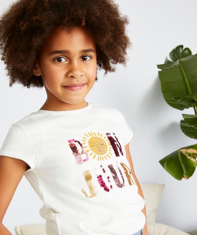 Girl radius - WHITE T-SHIRT WITH A BONJOUR MESSAGE IN SEQUINS