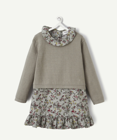 Baby-girl radius - KHAKI FLOWER-PATTERNED COTTON DRESS WITH REMOVABLE JACKET IN TWO MATERIALS