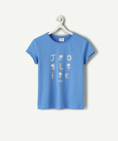 Girl radius - BLUE T-SHIRT IN RECYCLED FIBRES WITH A SPARKLING MESSAGE AND FLOWERS