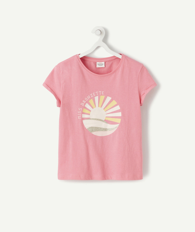Girl radius - PINK T-SHIRT IN RECYCLED COTTON WITH SUNSHINE FLOCKING AND MESSAGE