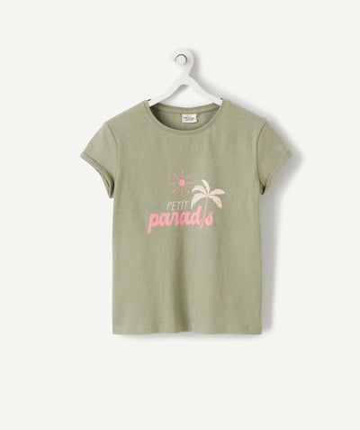 ECODESIGN radius - KHAKI T-SHIRT IN RECYCLED COTTON WITH A FLOCKED PALM TREE AND A MESSAGE