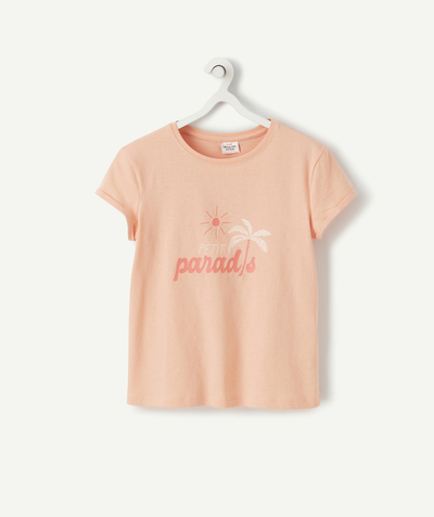 Outlet radius - CORAL T-SHIRT IN RECYCLED COTTON WITH PALM TREE FLOCKING AND A MESSAGE
