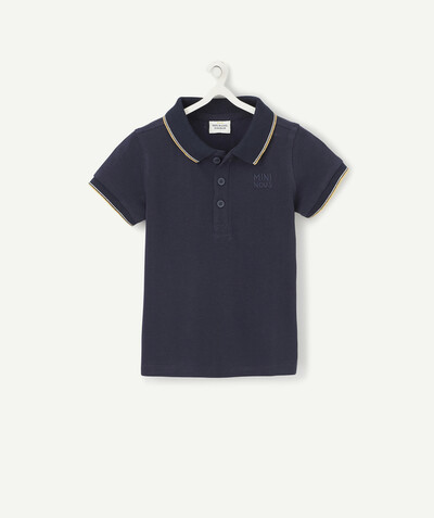 Basics radius - NAVY BLUE AND YELLOW COTTON PIQUE POLO SHIRT WITH AN EMBROIDERED MESSAGE