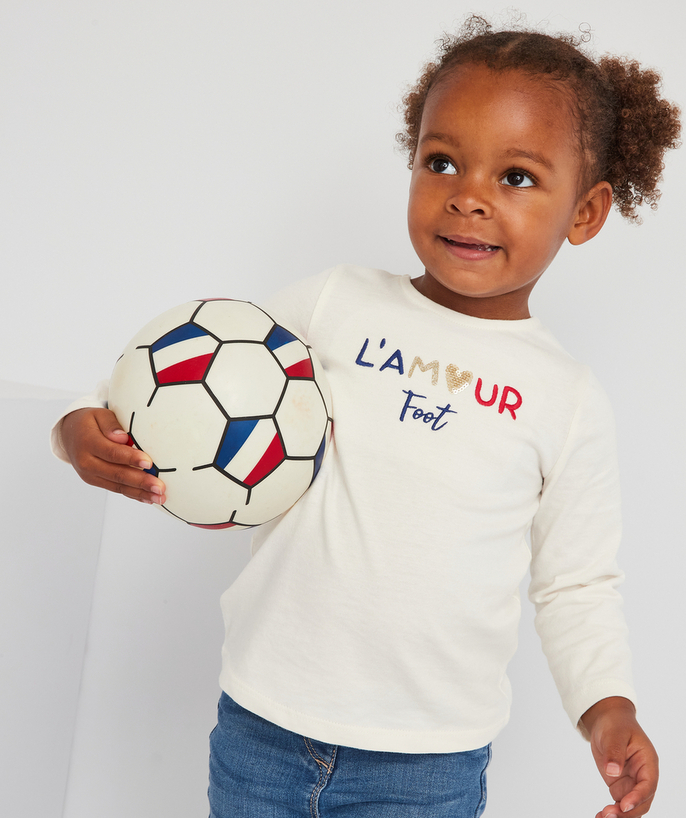 Private sales radius - BABY GIRLS' T-SHIRT IN WHITE ORGANIC COTTON WITH FOOTBALL THEME