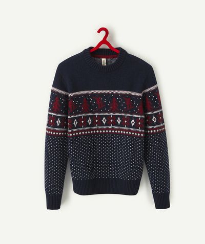 Swetry - Swetry rozpinane - kamizelki Rayon - GRANATOWY ŻAKARDOWY SWETER Z ZIMOWYM MOTYWEM DLA CHŁOPCA