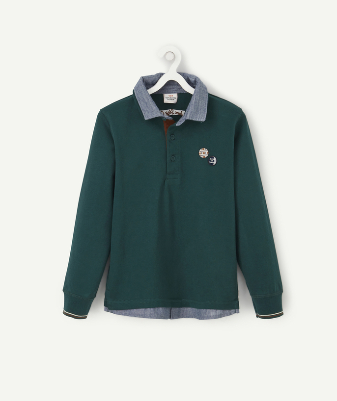 Private sales radius - BOYS' DARK GREEN COTTON POLO SHIRT WITH BADGES AND DENIM DETAILS