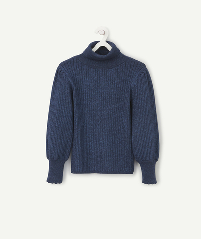 Swetry - Swetry rozpinane Rayon - BŁYSZCZĄCY NIEBIESKI SWETER Z WYWIJANYM KOŁNIERZEM Z WŁÓKIEN Z RECYKLINGU DLA DZIEWCZYNKI