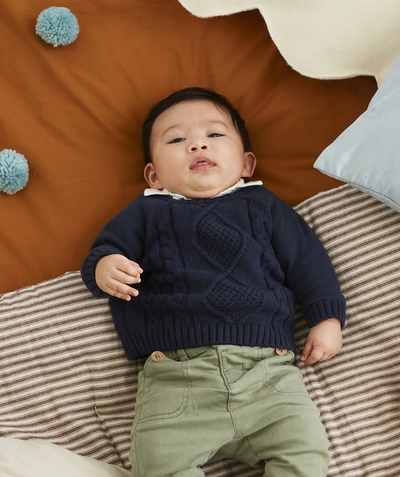 Baby-boy radius - BABY BOYS' NAVY BLUE CABLE-KNIT JUMPER WITH A SWEATSHIRT EFFECT