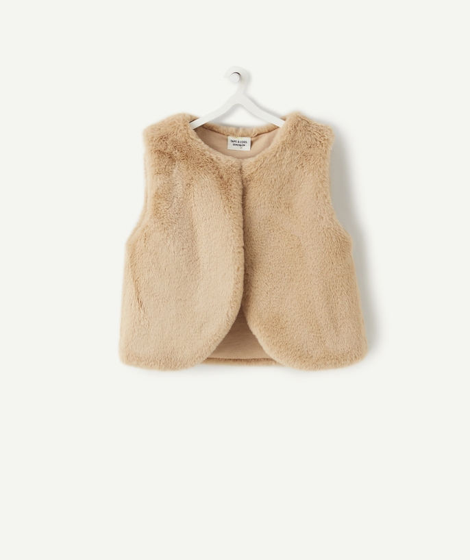 Party outfits Tao Categories - BABY GIRLS' SLEEVELESS WAISTCOAT IN BEIGE FAUX FUR