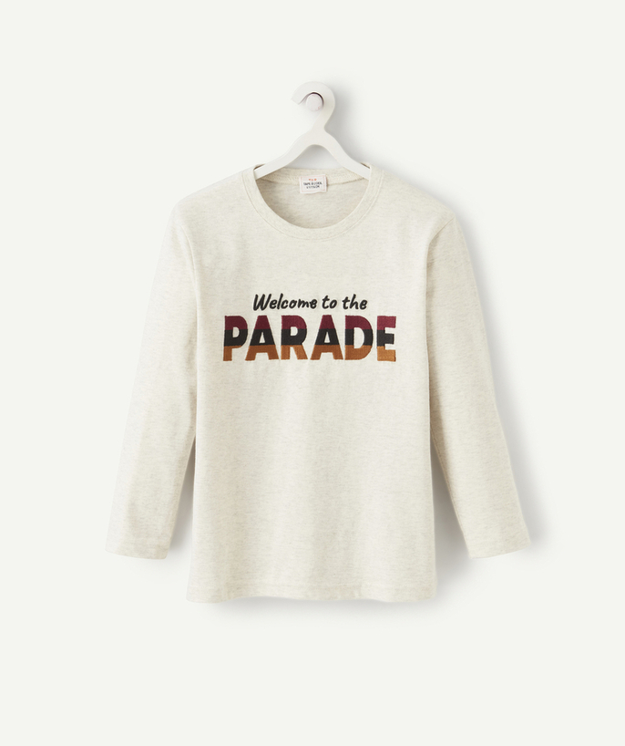 Party outfits Tao Categories - BOYS' GREY COTTON T-SHIRT WITH AN EMBROIDERED MESSAGE