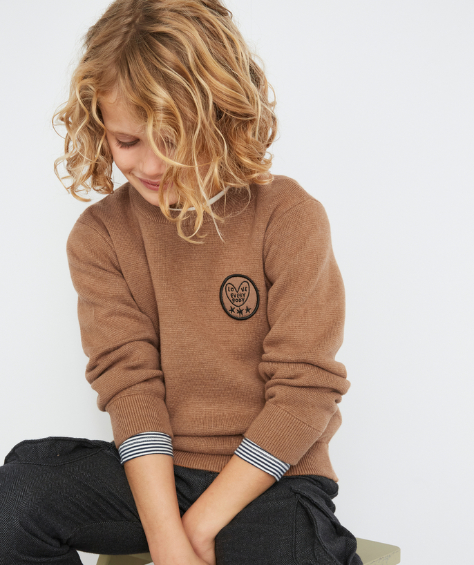 Party outfits Tao Categories - BOYS' BROWN KNITTED JUMPER WITH A CREST