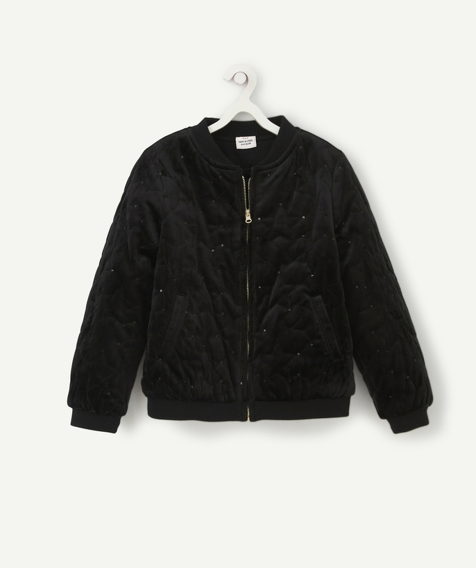 Party outfits Tao Categories - GIRLS' BOMBER-STYLE JACKET IN BLACK VELVET WITH STARS