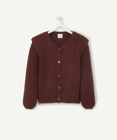 Swetry - Swetry rozpinane Rayon - DZIANINOWY KARDIGAN BORDOWY I BŁYSZCZĄCY Z WŁÓKIEN Z RECYKLINGU DLA DZIEWCZYNKI