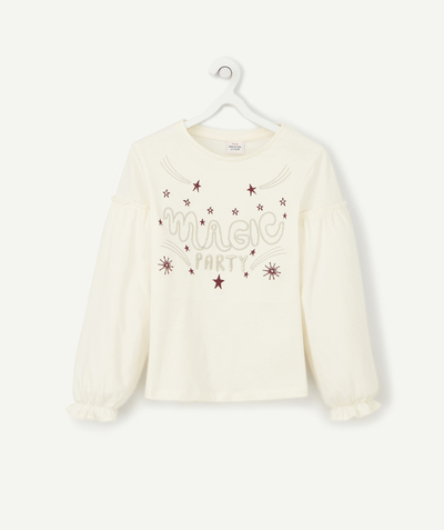 Sales radius - GIRLS' MAGIC PARTY T-SHIRT IN CREAM ORGANIC COTTON WITH STARS AND SPARKLING THREADS