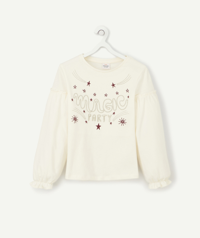 Party outfits radius - GIRLS' MAGIC PARTY T-SHIRT IN CREAM ORGANIC COTTON WITH STARS AND SPARKLING THREADS