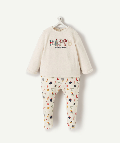 Outlet radius - CREAM SLEEPSUIT IN ORGANIC COTTON WITH A CHRISTMAS DESIGN