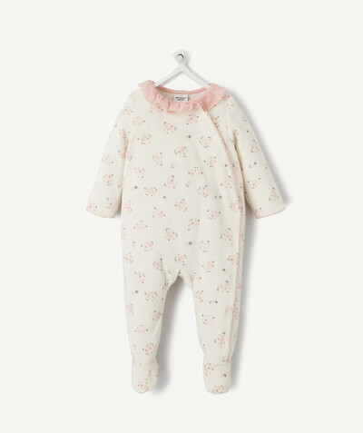 Sleepsuit - Pyjamas radius - FLOWER PATTERN PRINT SLEEP SUIT IN ORGANIC COTTON WITH A PINK COLLAR