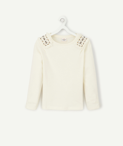Tee-shirt radius - CREAM ORGANIC COTTON T-SHIRT WITH EMBROIDERED SHOULDERS AND FRINGES