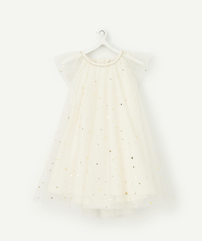 Party outfits Tao Categories - 2022 BABY GIRLS' DESIGNER DRESS IN CREAM TULLE WITH GOLDEN SPOTS AND STARS