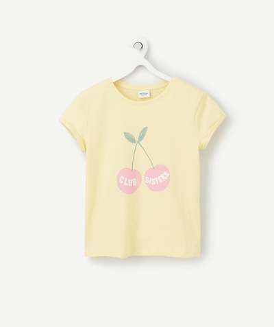 Girl radius - GIRLS' YELLOW RECYCLED FIBERS T-SHIRT WITH A CHERRY AND A MESSAGE