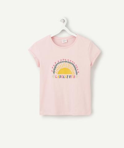 T-shirt Categories Tao - T-SHIRT FILLE EN FIBRES RECYCLÉES ROSE FLOQUÉ AVEC MESSAGE